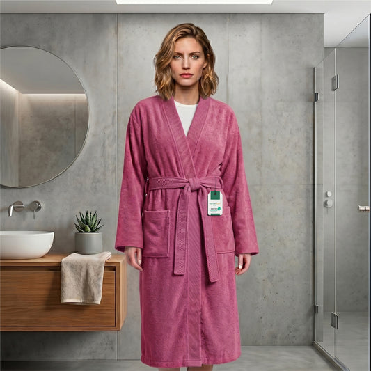 Plush Cotton Adult Bathrobe 100% Cotton Thick & Absorbent - Pink