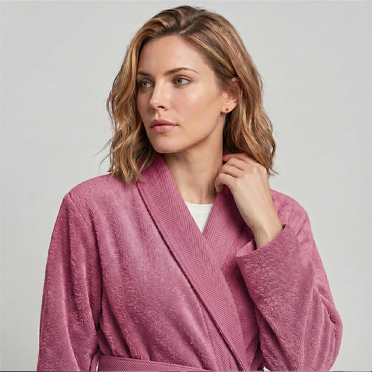 Plush Cotton Adult Bathrobe 100% Cotton Thick & Absorbent - Pink