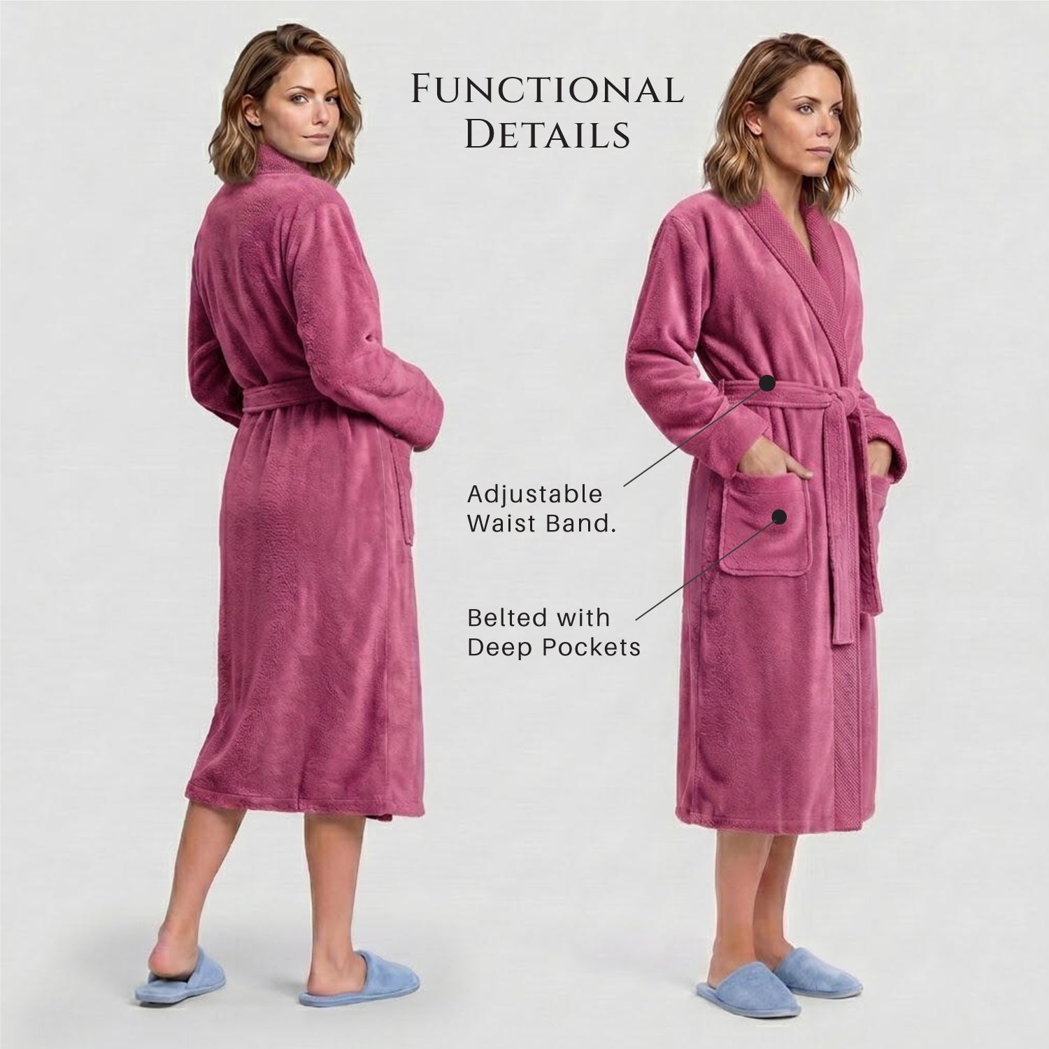 Plush Cotton Adult Bathrobe 100% Cotton Thick & Absorbent - Pink