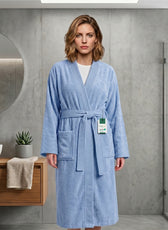 Plush Cotton Adult Bathrobe 100% Cotton Thick & Absorbent - Sky Blue