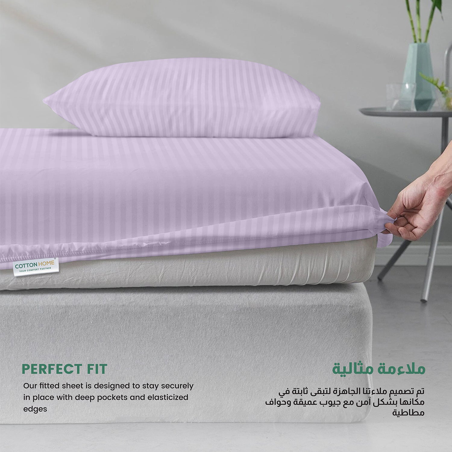 Stripe Fitted Sheet Set Double 120x200+25cm with Pillowcases Light Purple