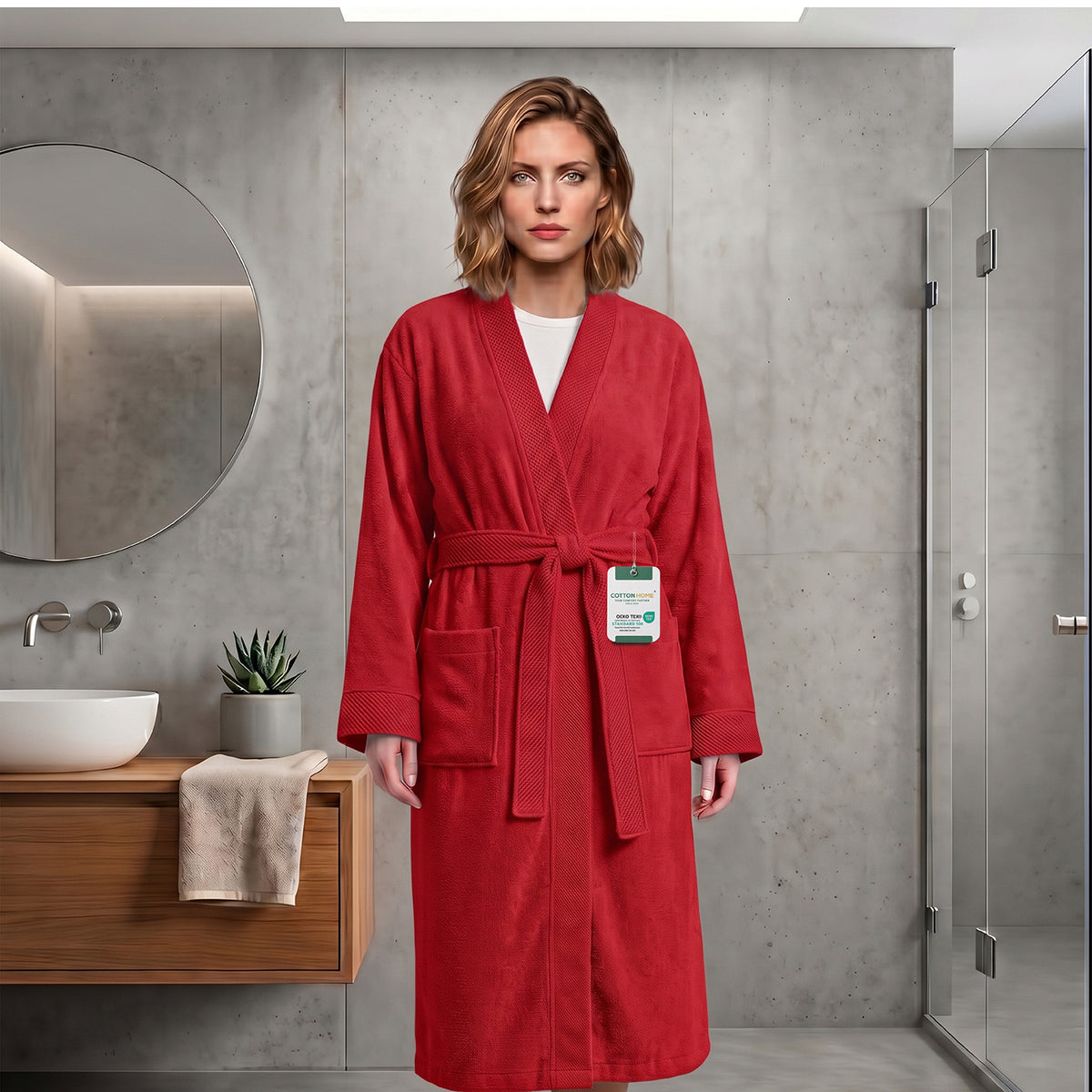 Plush Cotton Adult Bathrobe 100% Cotton Thick & Absorbent - Red