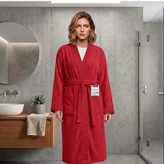 Plush Cotton Adult Bathrobe 100% Cotton Thick & Absorbent - Red