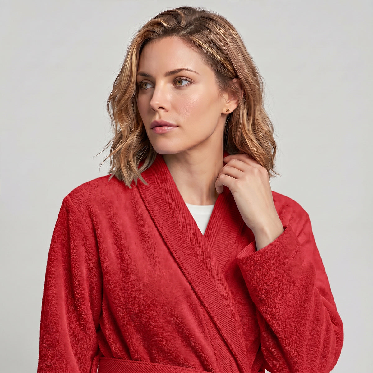 Plush Cotton Adult Bathrobe 100% Cotton Thick & Absorbent - Red
