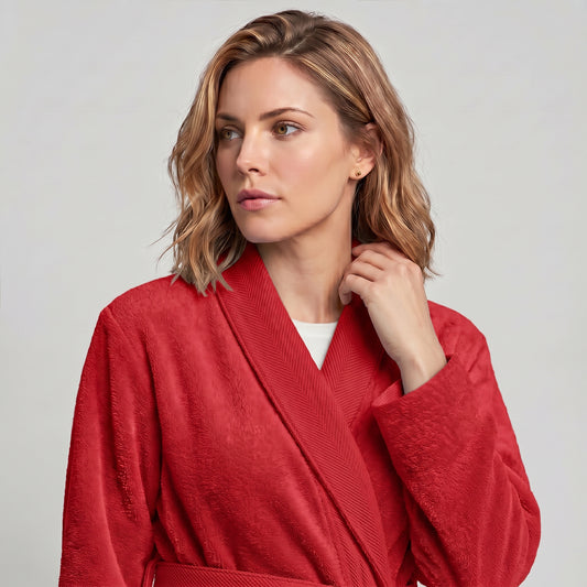 Plush Cotton Adult Bathrobe 100% Cotton Thick & Absorbent - Red