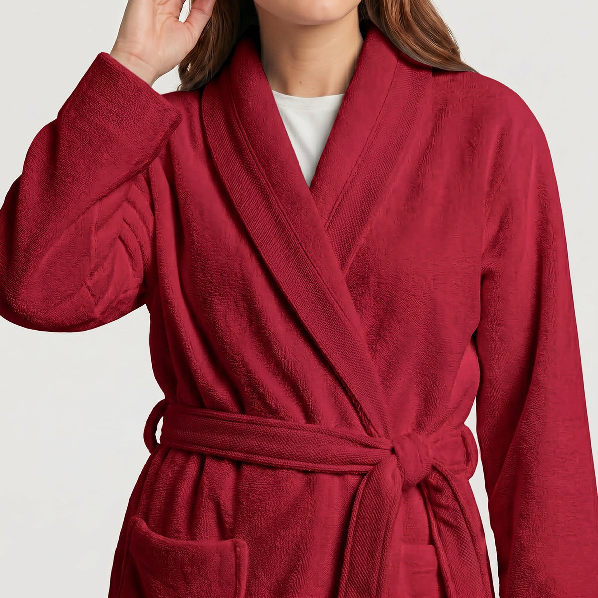 Plush Cotton Adult Bathrobe 100% Cotton Thick & Absorbent - Red