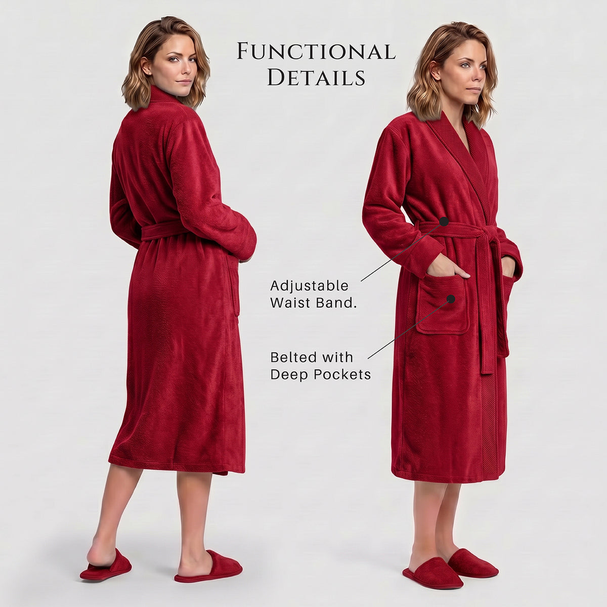 Plush Cotton Adult Bathrobe 100% Cotton Thick & Absorbent - Red