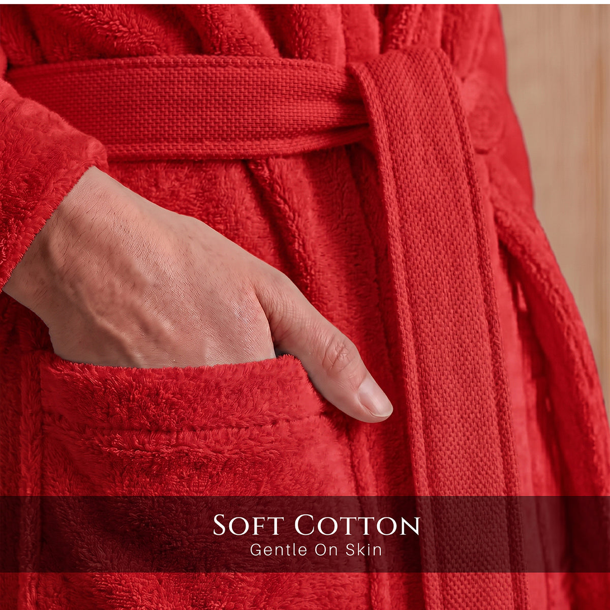 Plush Cotton Adult Bathrobe 100% Cotton Thick & Absorbent - Red