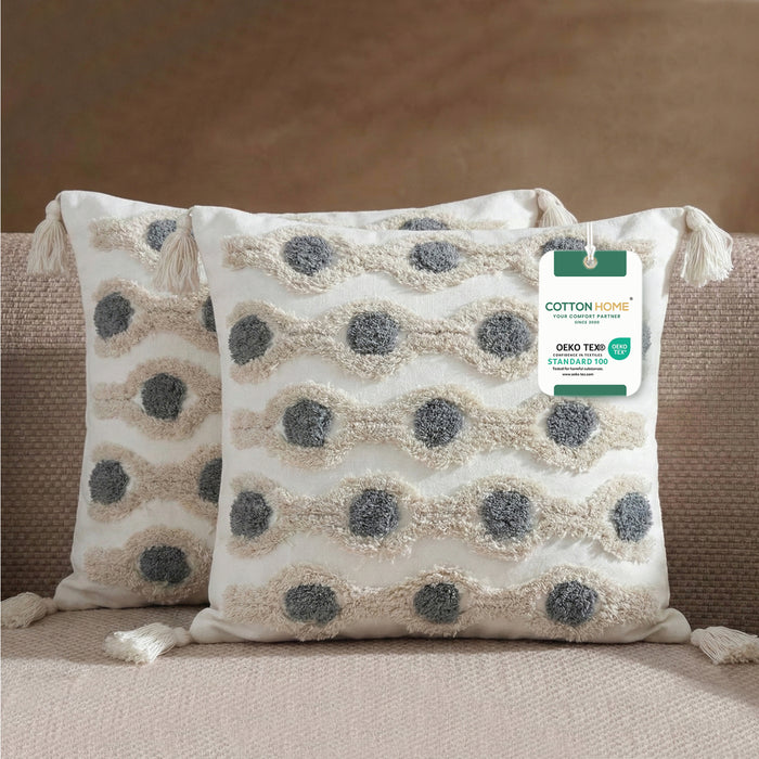 Boho Handcrafted Throw Pillow 45x45cm Filled Cushion with Ripple Design Pack of 2