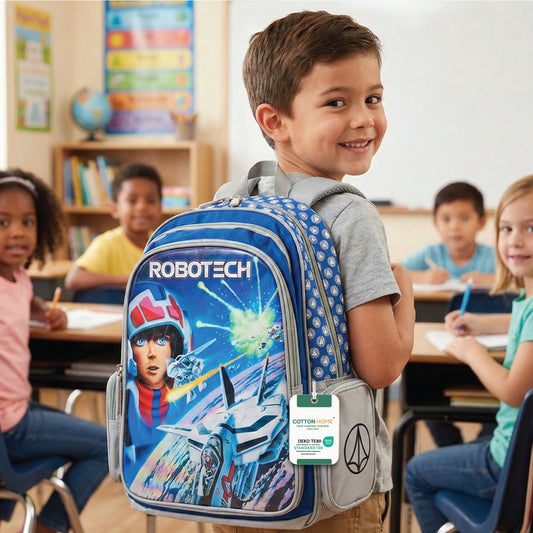 Robot Tech Blue Printed School Backpack for Kids – Lightweight Cartoon Character Bookbag with Large Storage Space for Boys & Girls