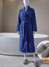 Premium Cotton Blue Terry Bathrobe with Pockets, One Size Fits All with Free Bath Slippers