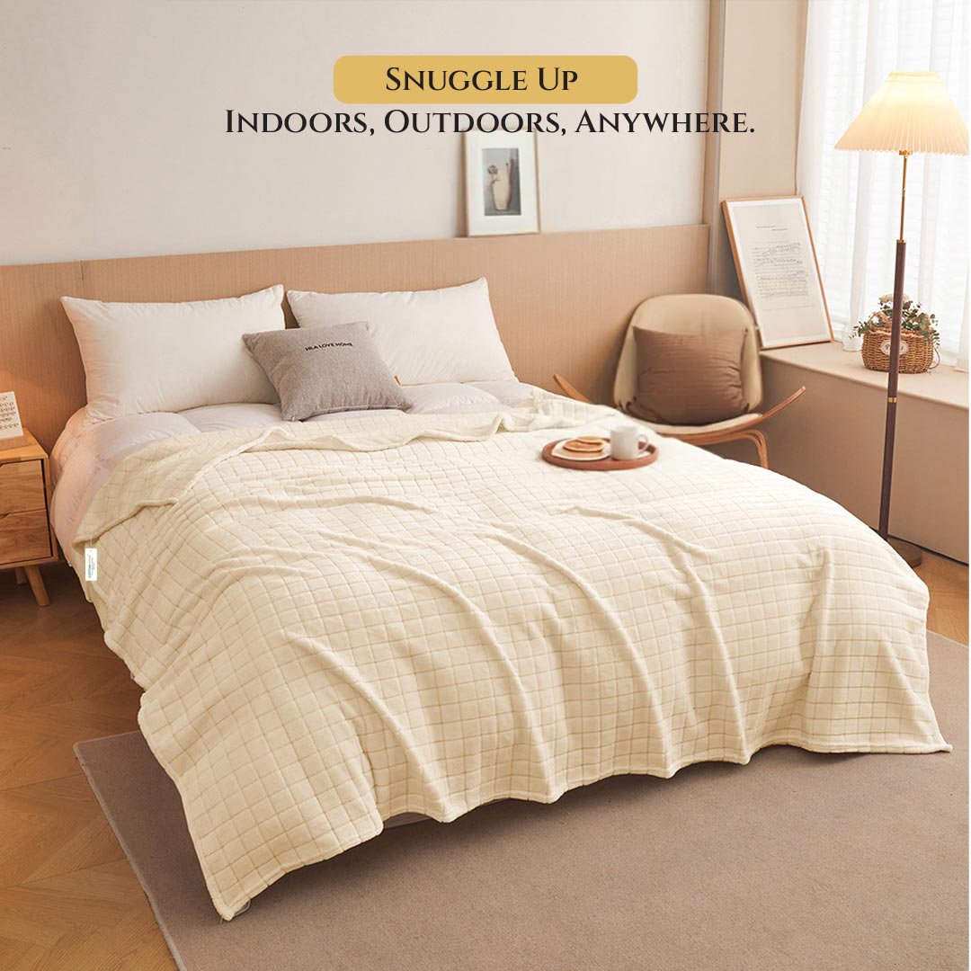 Elegant Square Design Blanket Single Size 150x220 Cream - Cotton Home