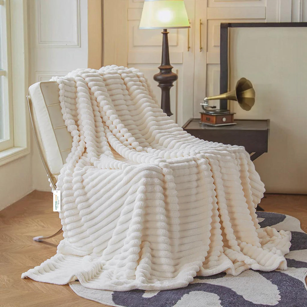 Plush Stripe Blanket Queen Size 220x240 Ivory - Cotton Home