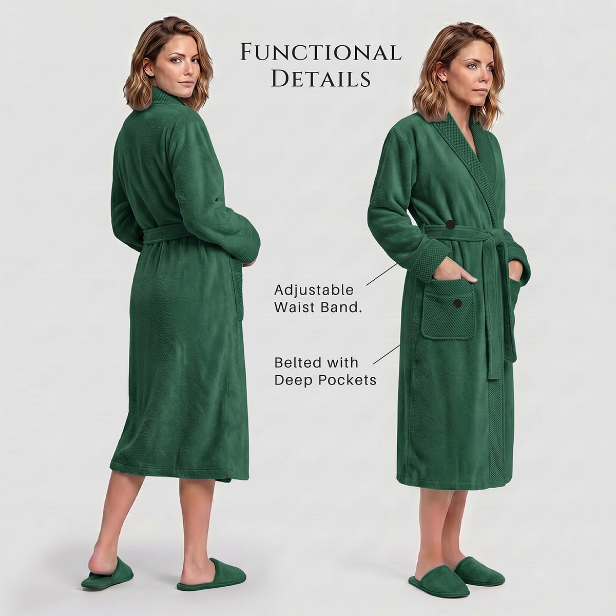 Plush Cotton Adult Bathrobe 100% Cotton Thick & Absorbent - Green