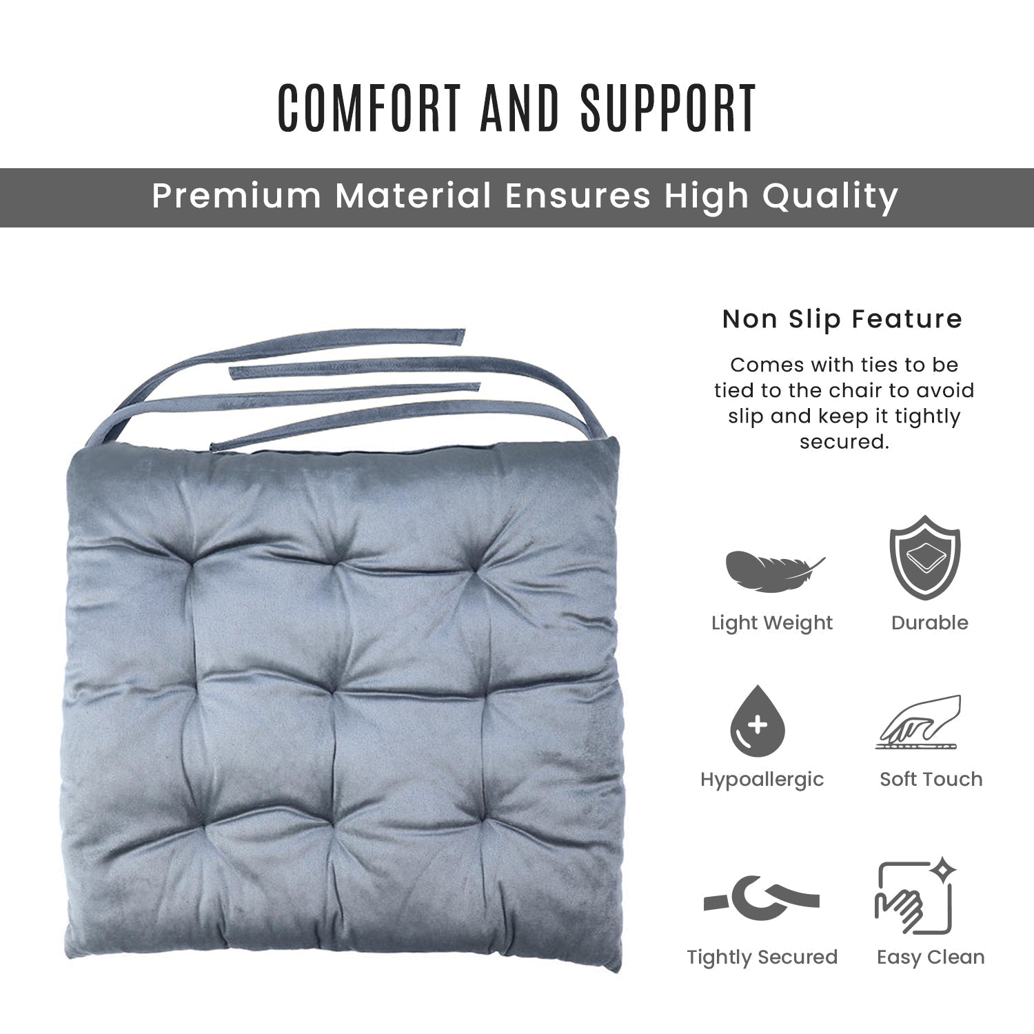 Velvet Slip Free Tufted  Chair Cushion Silver 40x40cm - Pack of 4 - Cotton Home