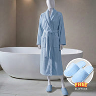 Premium Cotton Sky Blue Terry Bathrobe with Pockets, One Size Fits All with Free Bath Slippers
