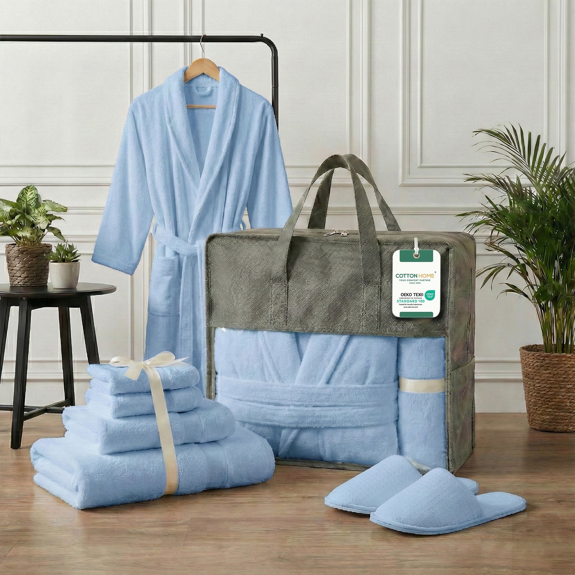 Luxury 7PC Egyptian Cotton Bath Bundle Set Sky Blue – Bathrobe, Towels, Slippers