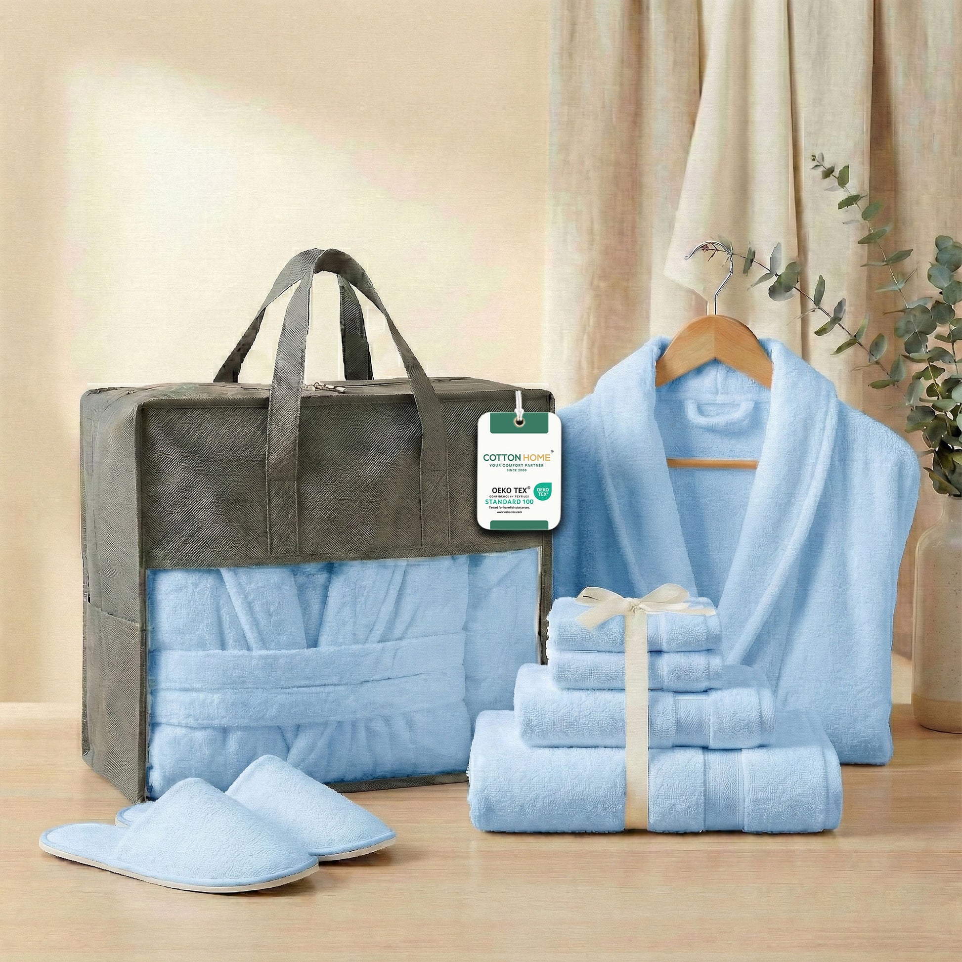Luxury 7PC Egyptian Cotton Bath Bundle Set Sky Blue – Bathrobe, Towels, Slippers