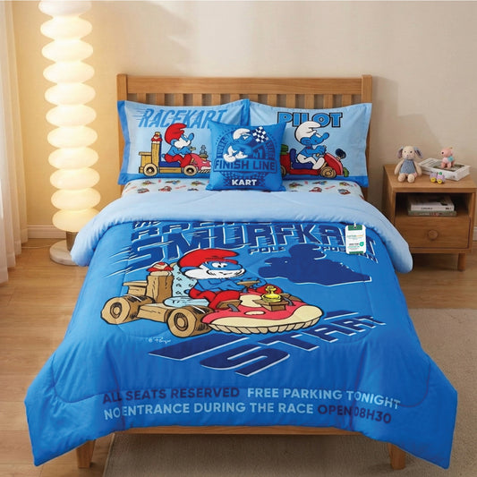 Smurfs Official Kids Bedding Set – 5 Piece Comforter Set Cozy & Colorful Cartoon Character with Matching Pillowcases & Bedsheet