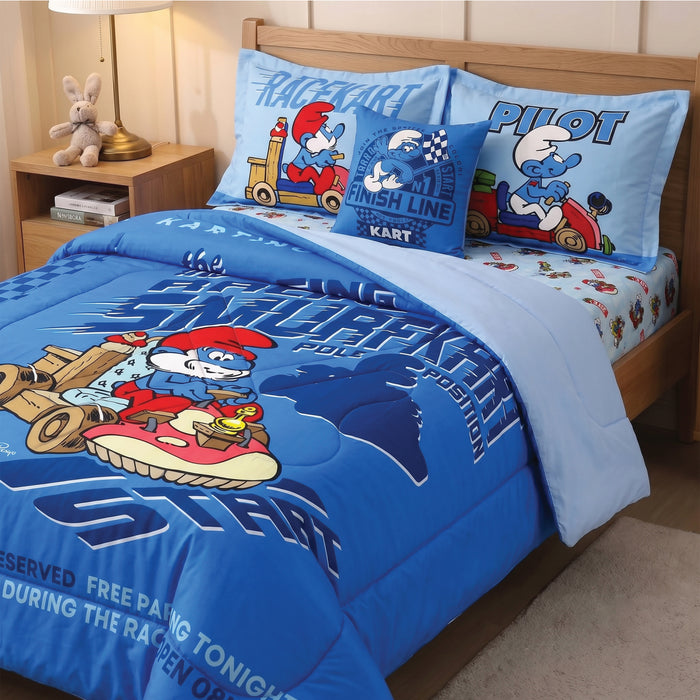 Smurfs Official Kids Bedding Set – 5 Piece Comforter Set Cozy & Colorful Cartoon Character with Matching Pillowcases & Bedsheet