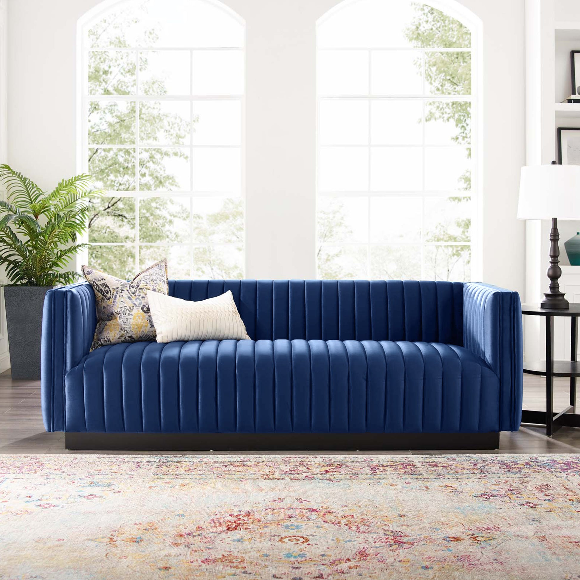 Chanel 3 Seater Navy Blue Velvet Tufted Sofa - Cotton Home