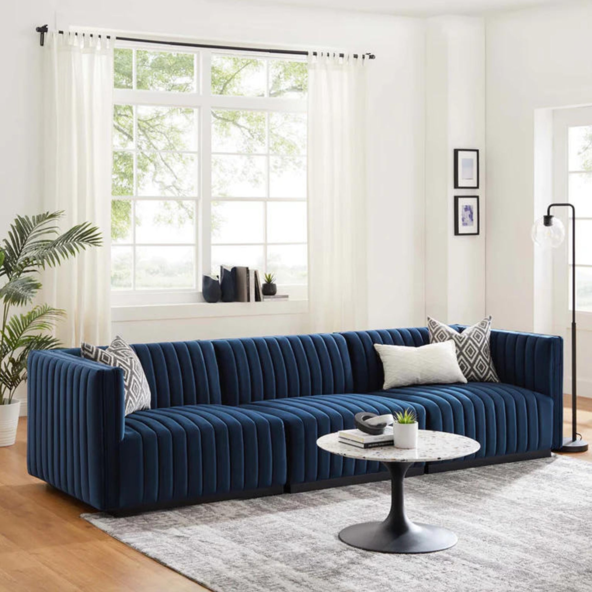 Chanel 3 Seater Navy Blue Velvet Tufted Sofa - Cotton Home