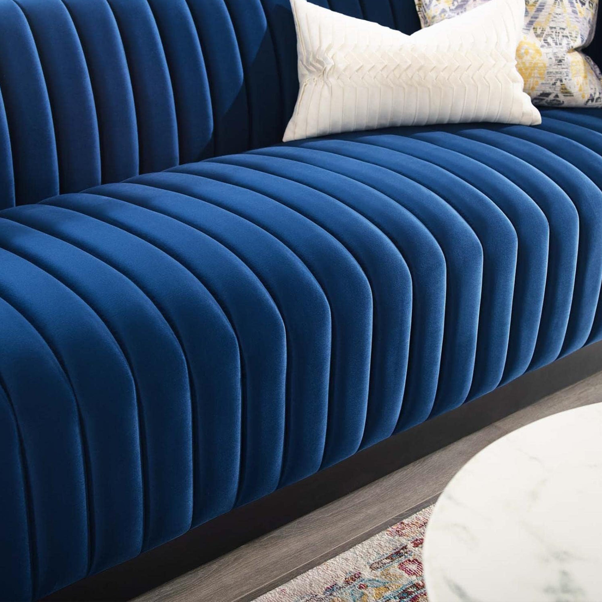 Chanel 3 Seater Navy Blue Velvet Tufted Sofa - Cotton Home