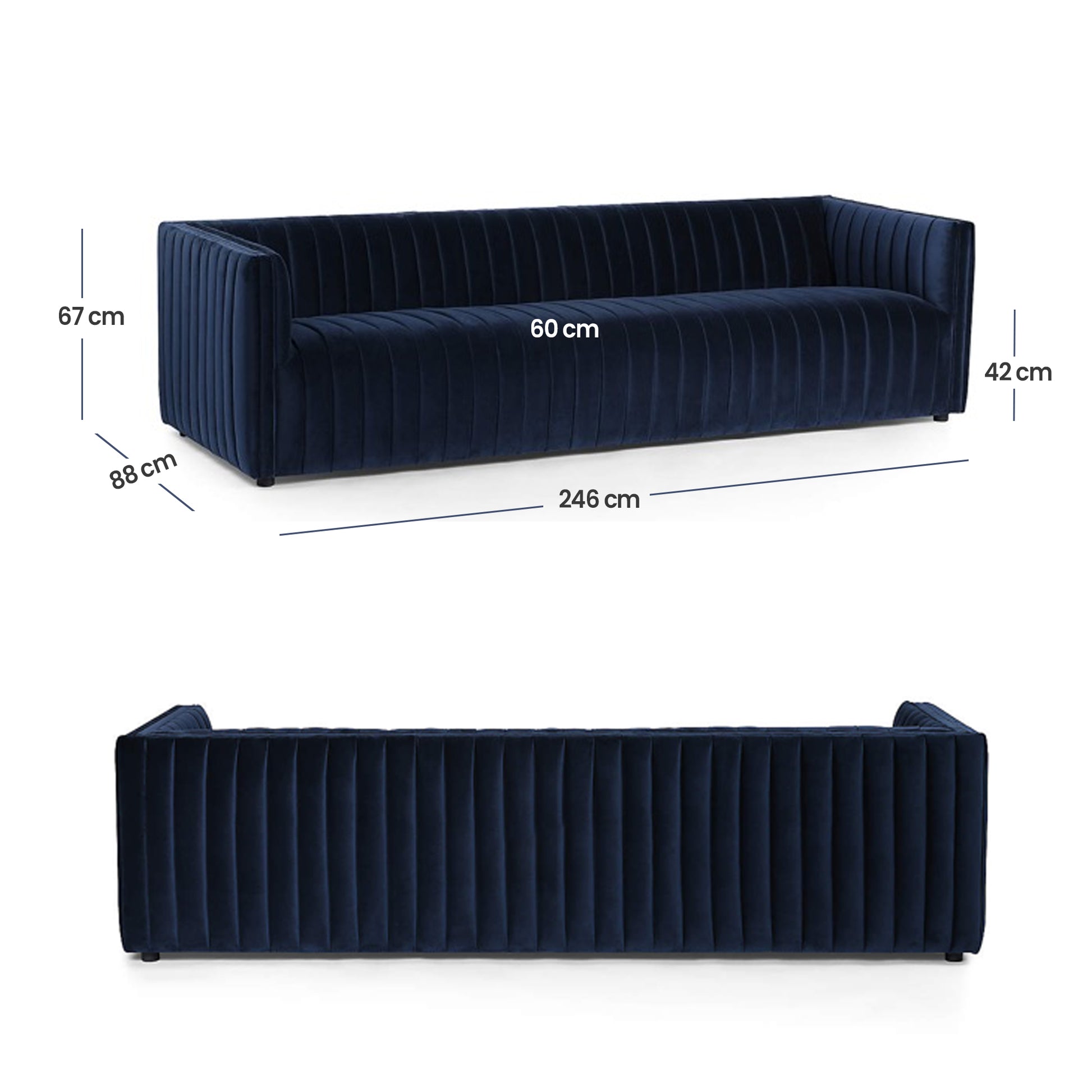 Chanel 3 Seater Navy Blue Velvet Tufted Sofa - Cotton Home