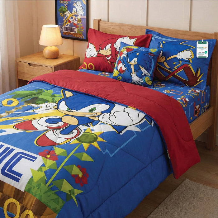 Sonic Official Kids Bedding Set – 5 Piece Comforter Set Cozy & Colorful Cartoon Character with Matching Pillowcases & Bedsheet