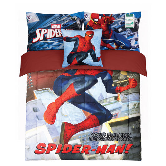 Spiderman Official Kids Bedding Set – 5 Piece Comforter Set Cozy & Colorful Cartoon Character with Matching Pillowcases & Bedsheet