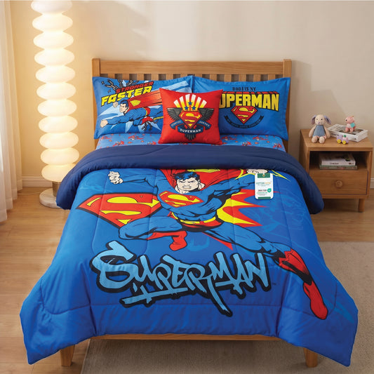 Superman Official Kids Bedding Set – 5 Piece Comforter Set Cozy & Colorful Cartoon Character with Matching Pillowcases & Bedsheet