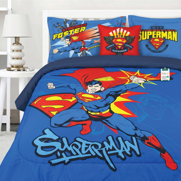 Superman Official Kids Bedding Set – 5 Piece Comforter Set Cozy & Colorful Cartoon Character with Matching Pillowcases & Bedsheet