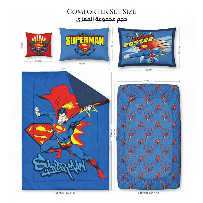 Superman Official Kids Bedding Set – 5 Piece Comforter Set Cozy & Colorful Cartoon Character with Matching Pillowcases & Bedsheet