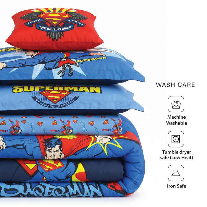 Superman Official Kids Bedding Set – 5 Piece Comforter Set Cozy & Colorful Cartoon Character with Matching Pillowcases & Bedsheet