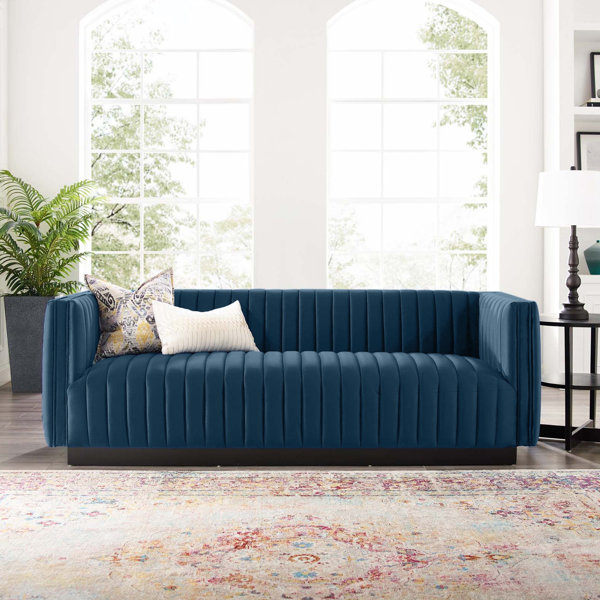Chanel 3 Seater Navy Blue Velvet Tufted Sofa - Cotton Home