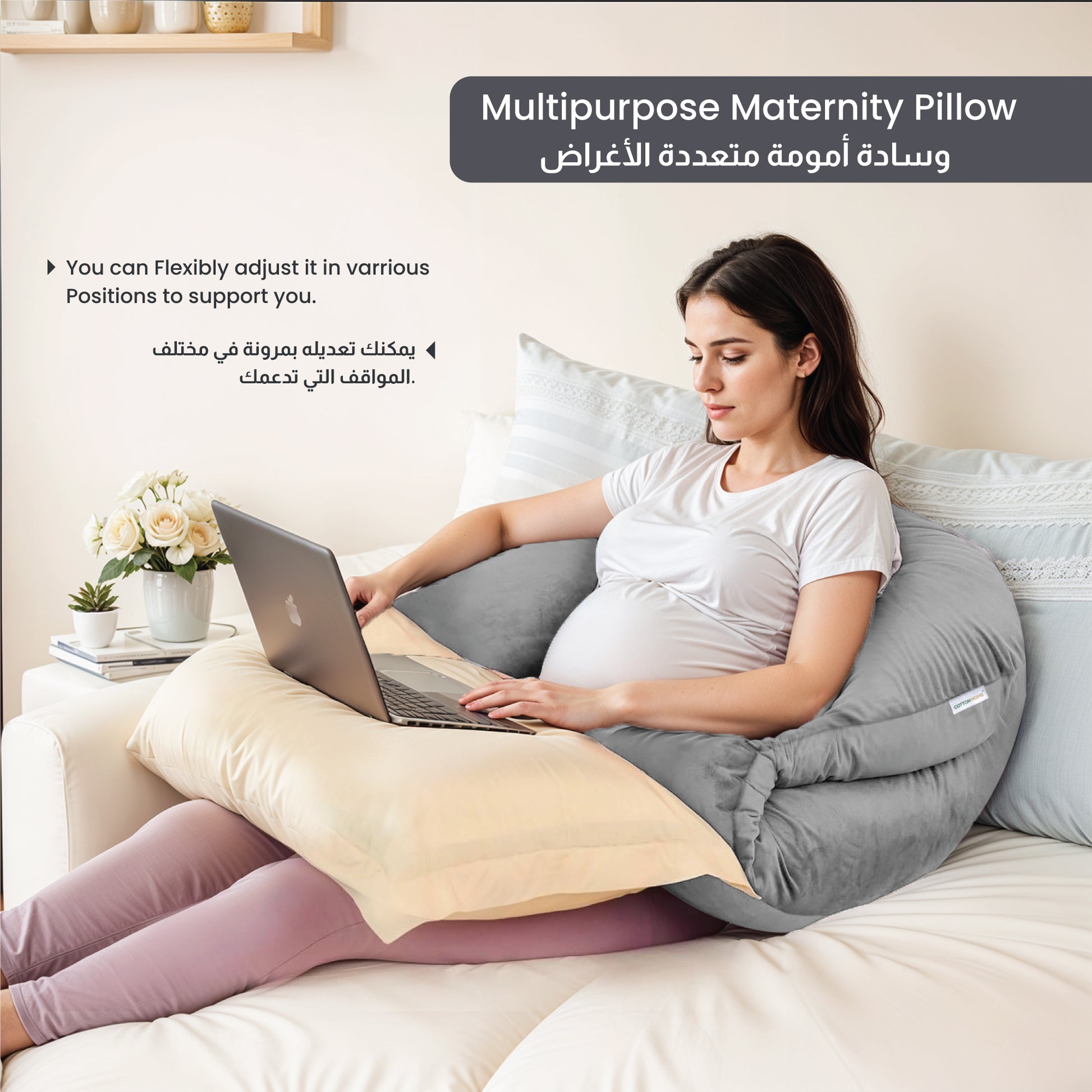 Serenity Velvet Pregnancy Pillow U-Shape Full Body Pillow  With Removable Cover Grey - Cotton Home
