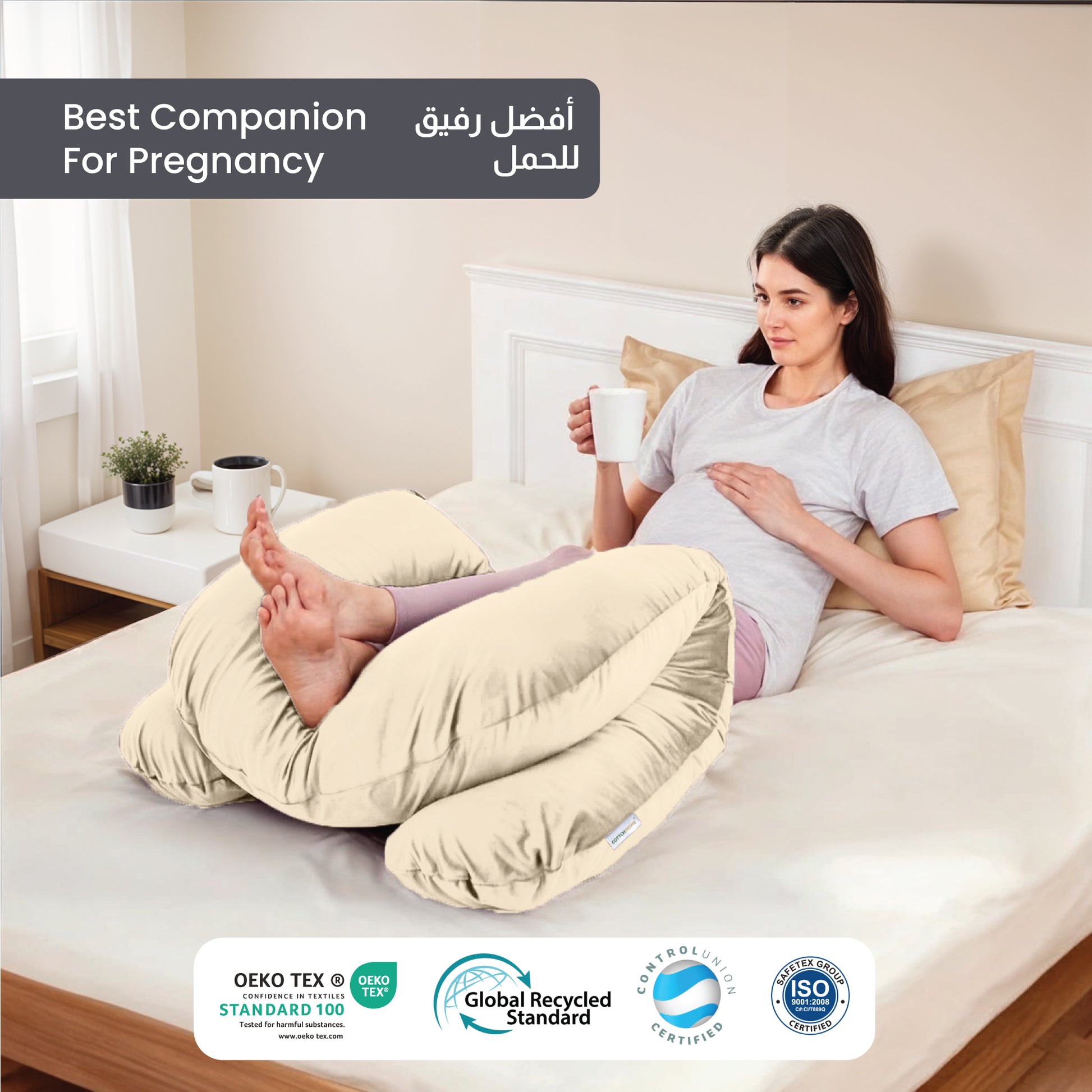 Serenity Velvet Pregnancy Pillow U-Shape Full Body Pillow  With Removable Cover Ivory - Cotton Home