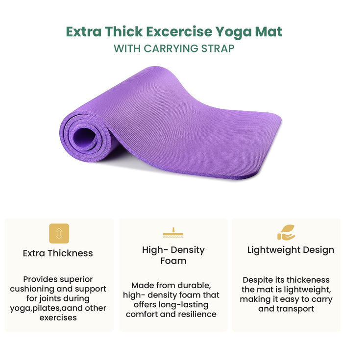 Yoga Mat with Strap – 10mm Thick for Ultimate Comfort Non-Slip Purple