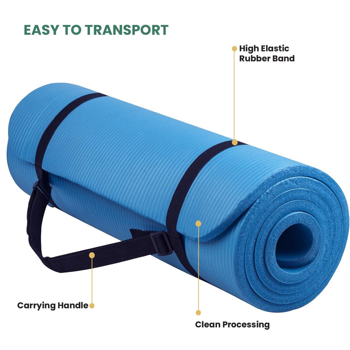 Yoga Mat with Strap – 10mm Thick for Ultimate Comfort Non-Slip Blue