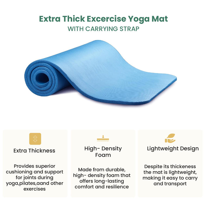 Yoga Mat with Strap – 10mm Thick for Ultimate Comfort Non-Slip Blue