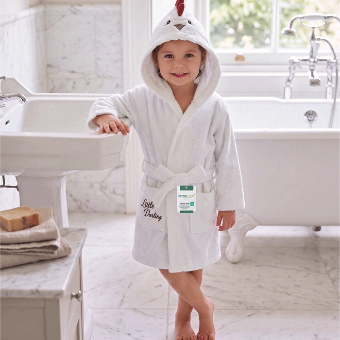 Puddle Kids Cotton Bathrobe with Hood, Tie Belt & Pockets - Cruck White