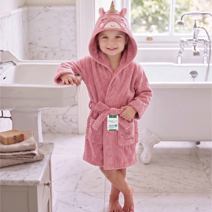 Puddle Kids Cotton Bathrobe with Hood, Tie Belt & Pockets - Little Unicorn