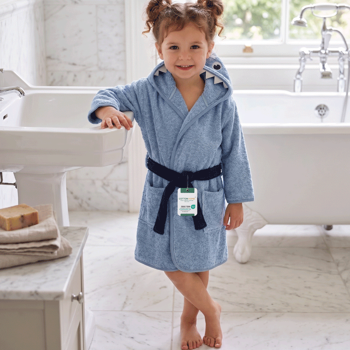 Puddle Kids Cotton Bathrobe with Hood, Tie Belt & Pockets - Blue Shark