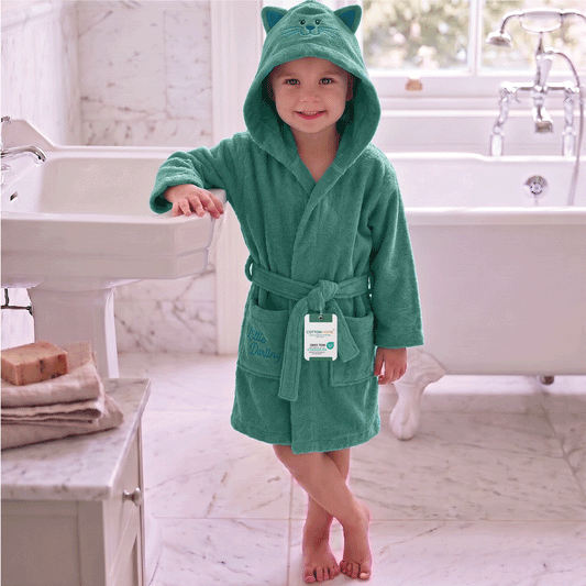 Cacoon Kids Cotton Bathrobe with Hood, Tie Belt & Pockets - Teal Cat