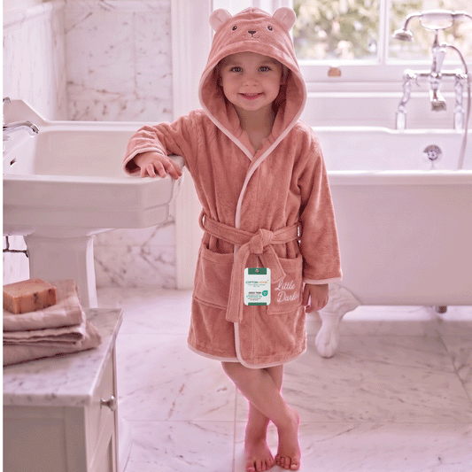Cacoon Kids Cotton Bathrobe with Hood, Tie Belt & Pockets -  Pink Bear