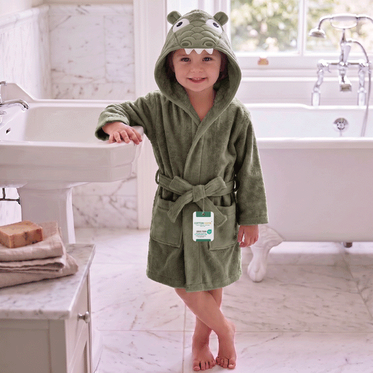 Cacoon Kids Cotton Bathrobe with Hood, Tie Belt & Pockets - Green Croc
