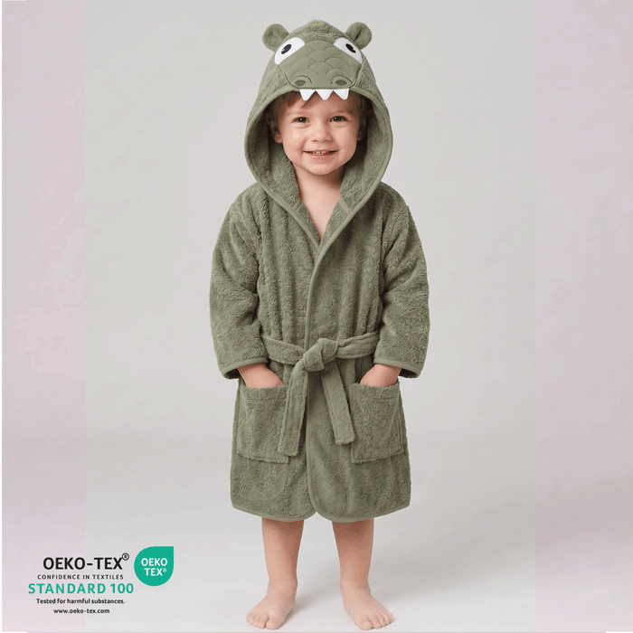Puddle Kids Cotton Bathrobe with Hood, Tie Belt & Pockets - Green Croc