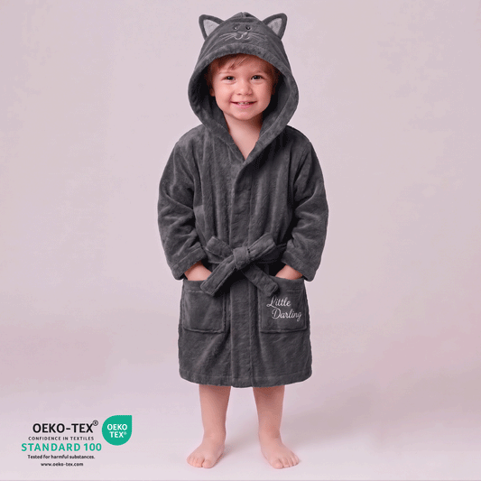 Cacoon Kids Cotton Bathrobe with Hood, Tie Belt & Pockets - Grey Bear