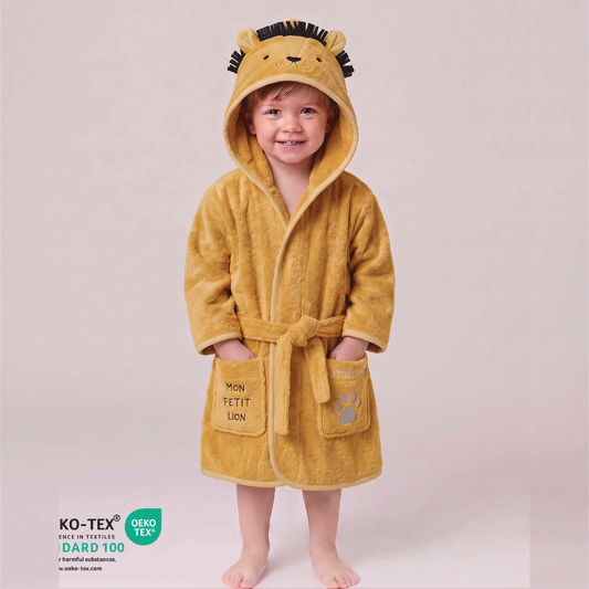 Cacoon Kids Cotton Bathrobe with Hood, Tie Belt & Pockets - Little Lion