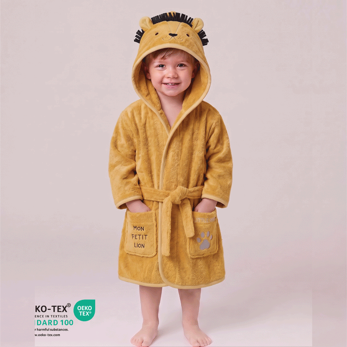 Puddle Kids Cotton Bathrobe with Hood, Tie Belt & Pockets - Little Lion